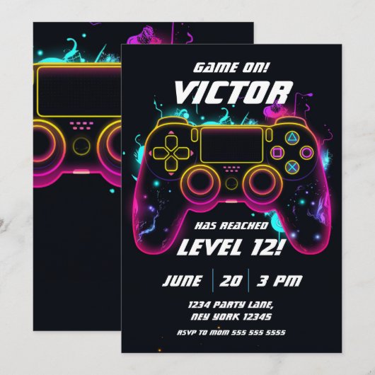 Video Game Level Up Gamer Neon Verjaardag Kaart (Voorkant / Achterkant)