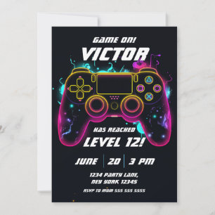 Video Game Level Up Gamer Neon Verjaardag Kaart