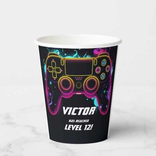 Video Game Level Up Gamer Neon Verjaardag Papieren Bekers (Achterkant)