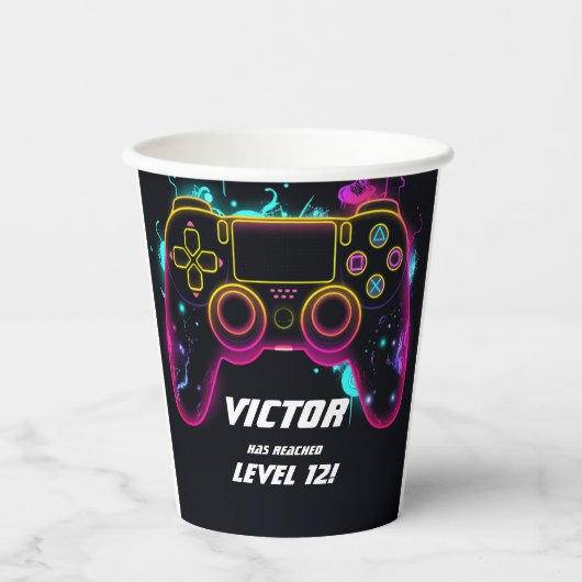 Video Game Level Up Gamer Neon Verjaardag Papieren Bekers (Voorkant)