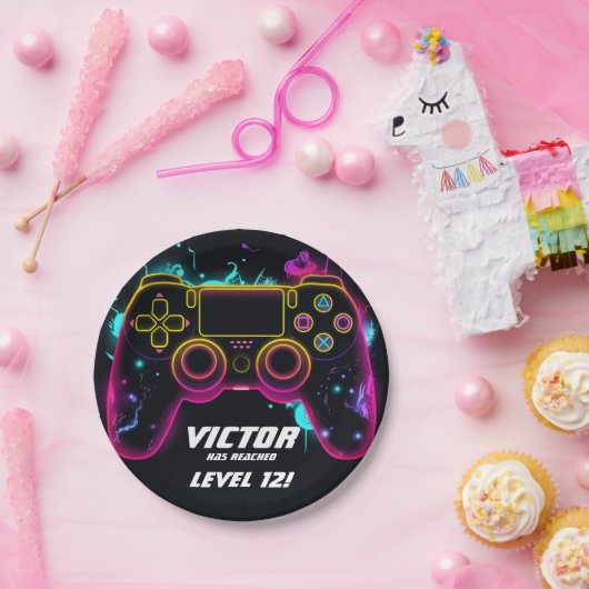 Video Game Level Up Gamer Neon Verjaardag Papieren Bordje (Feest)