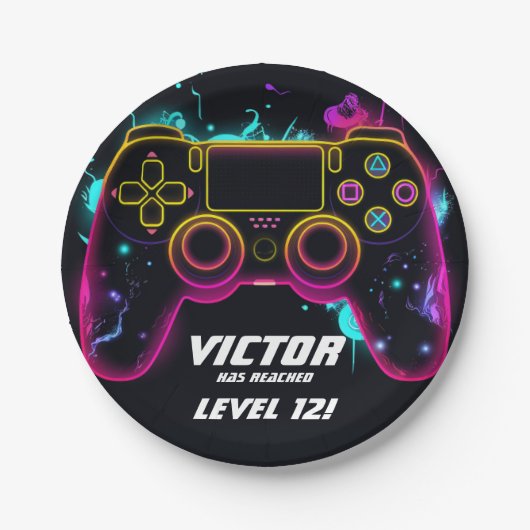 Video Game Level Up Gamer Neon Verjaardag Papieren Bordje (Voorkant)
