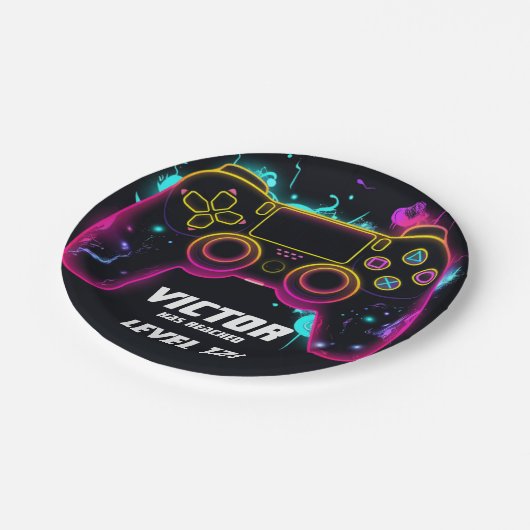 Video Game Level Up Gamer Neon Verjaardag Papieren Bordje (Gekanteld)