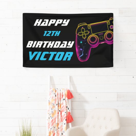 Video Game Level Up Gamer Neon Verjaardag Spandoek (Insitu)