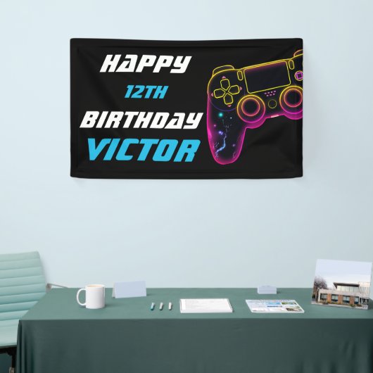 Video Game Level Up Gamer Neon Verjaardag Spandoek (Beurs)