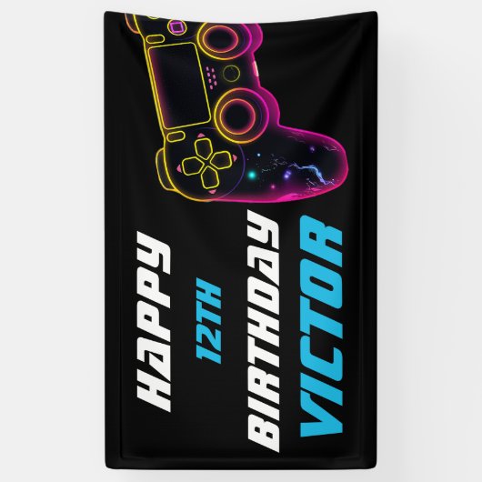 Video Game Level Up Gamer Neon Verjaardag Spandoek (Verticaal)