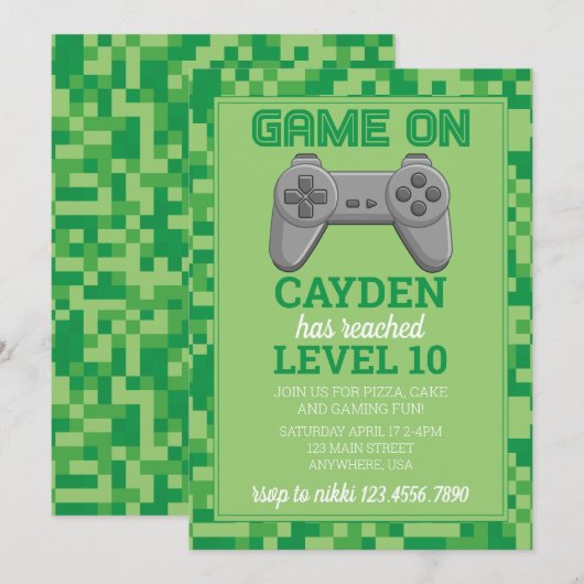 Video Game Level Up Gamer Verjaardag Invite groen Kaart (Voorkant / Achterkant)