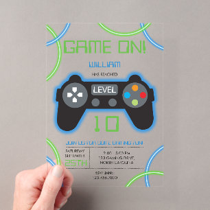 Video Game Neon Blauw & Groen Verjaardagsfeestje Acryl Uitnodigingen