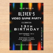 Video Game Neon Colour Gaming Birthday Acryl Uitnodigingen (Voorkant)