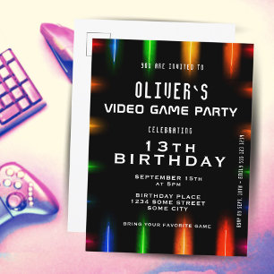 Video Game Neon Colour Gaming Birthday Uitnodiging Briefkaart