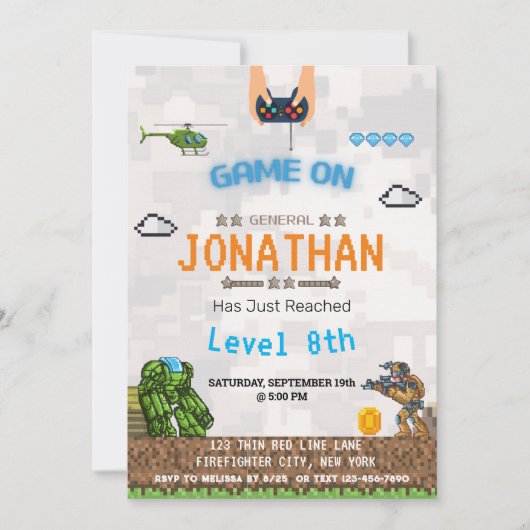 Video Game Niveau omhoog Verjaardag uitnodigingen (Voorkant)