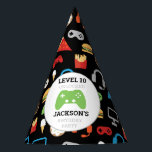 Video game party level Up Kids Birthday Gamer Feesthoedjes<br><div class="desc">Video Game Party Level Up Kids Verjaardag Gamer Paper Pet. Voeg naam en leeftijd toe om deze gamer party-benodigdheden op niveau te brengen. Leuk patroon van videogames en snacks op zwarte achtergrond. Gamer party voor kinderen. www.SamAnnDesigns.com</div>
