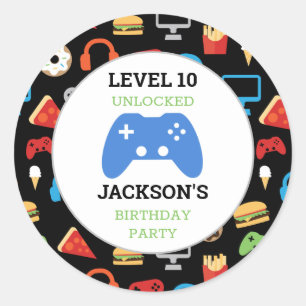 Video game party level Up Kids Birthday Gamer Ronde Sticker
