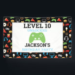 Video game party level Up Kids Birthday Gamer Spandoek<br><div class="desc">Video Game Party Level Up Kids Birthday Gamer binnen of buiten Banner. Voeg de naam en leeftijd toe om op deze gamer-partijbenodigdheden op een hoger niveau te brengen. Fun patroon van videogames en snacks op zwarte achtergrond. Gamer party voor kinderen,  www.SamAnnDesigns.com</div>