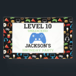 Video game party level Up Kids Birthday Gamer Spandoek<br><div class="desc">Video Game Party Level Up Kids Birthday Gamer binnen of buiten Banner. Voeg de naam en leeftijd toe om op deze gamer-partijbenodigdheden op een hoger niveau te brengen. Fun patroon van videogames en snacks op zwarte achtergrond. Gamer party voor kinderen,  www.SamAnnDesigns.com</div>
