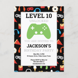 Video Game Party Level Up Kids Verjaardagsfeest Uitnodiging Briefkaart