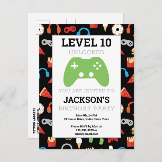 Video Game Party Level Up Kids Verjaardagsfeest Uitnodiging Briefkaart (Voorkant / Achterkant)
