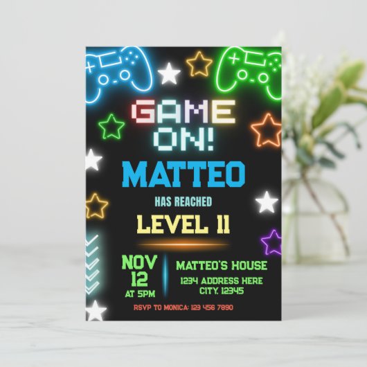 Video Game Party Verjaardag Uitnodiging (Staand voorkant)