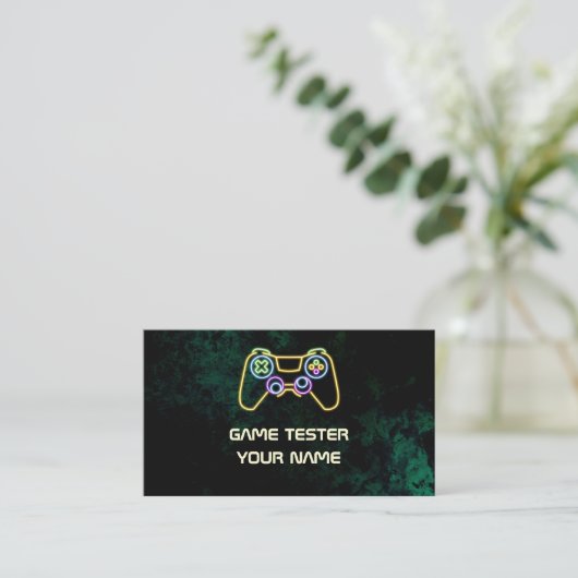 Video Game Tester Groene Neon Visitekaartje (Staand voorkant)