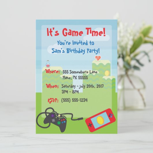 Video Game Thema Birthday Invitation Kaart (Staand voorkant)