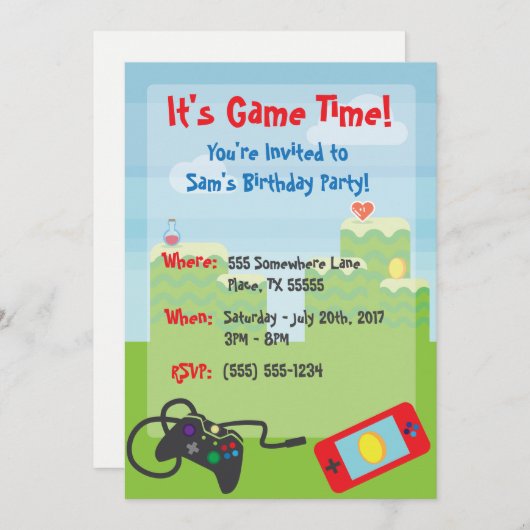 Video Game Thema Birthday Invitation Kaart (Voorkant / Achterkant)