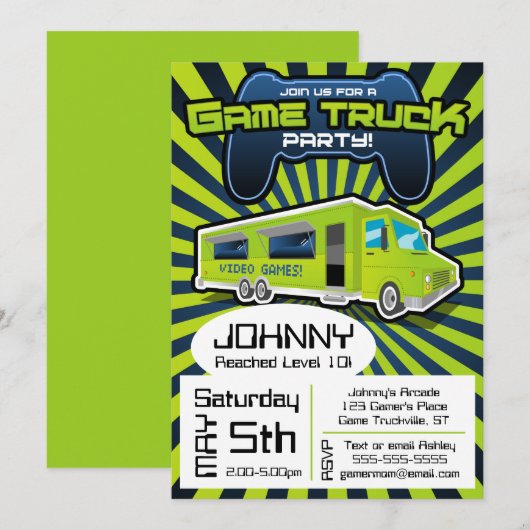 Video Game Truck Birthday Invitation Kaart (Voorkant / Achterkant)