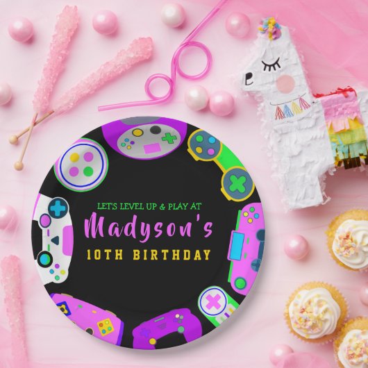 VIDEO GAMER GAMING Meisje Verjaardagsfeestje Uitno Papieren Bordje (Feest)
