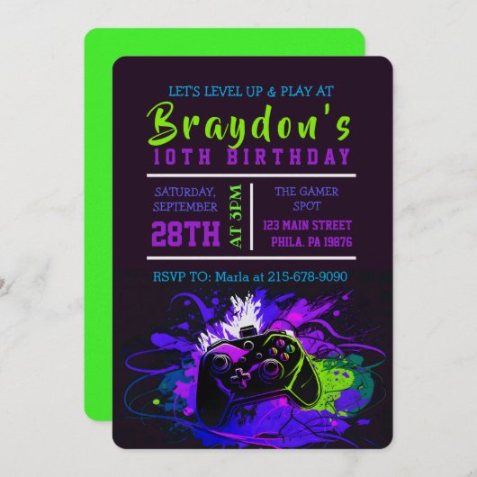 VIDEO GAMER GAMING Uitnodiging voor verjaardagsfee (Voorkant / Achterkant)
