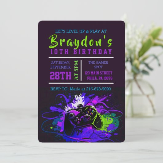 VIDEO GAMER GAMING Uitnodiging voor verjaardagsfee (Staand voorkant)