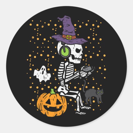 Video Gamer Skelet Halloween Kostuum Mannen Jongen Ronde Sticker (Voorkant)