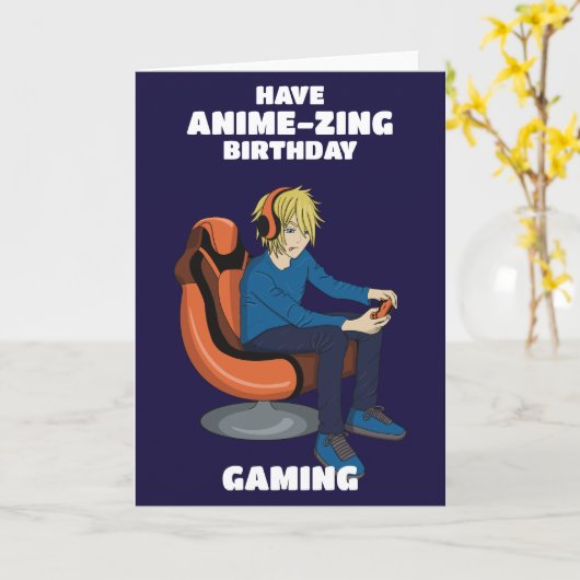 Video Games Anime Gamer Boy Birthday Kaart (Gele Bloem)