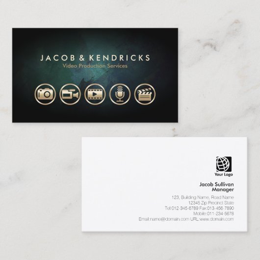 Video Productie Diensten Gouden Iconen Blauwgroen  Visitekaartje (Voorkant / Achterkant)