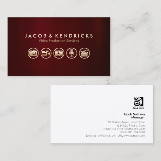 Video Productie Diensten Gouden Iconen Rood Metaal Visitekaartje (Voorkant / Achterkant)
