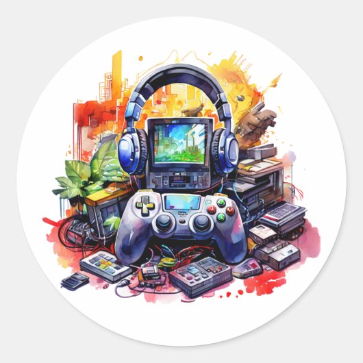 Videocontroller en hoofdtelefoon ronde sticker (Voorkant)