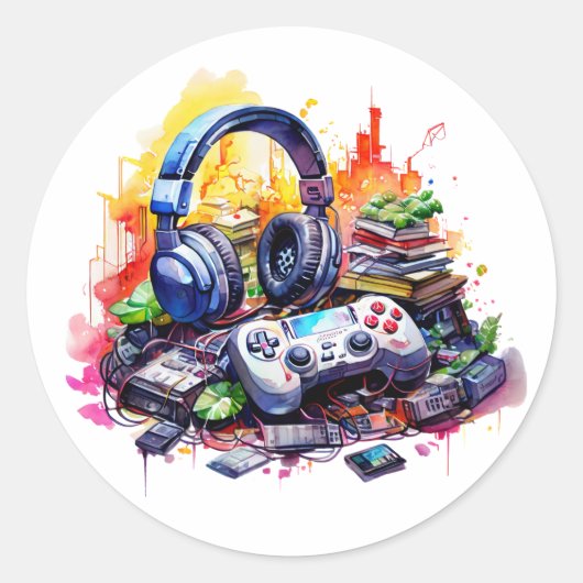Videocontroller, hoofdtelefoon, tienerboeken ronde sticker (Voorkant)