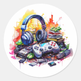 Videocontroller, hoofdtelefoon, tienerboeken ronde sticker