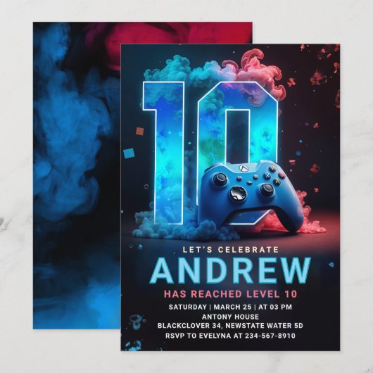 Videogame 10e verjaardagsfeestje kaart (Voorkant / Achterkant)