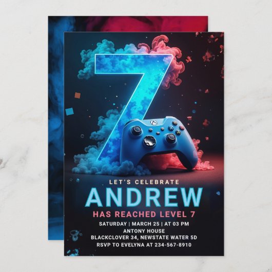 Videogame 7e verjaardagsfeest kaart (Voorkant / Achterkant)