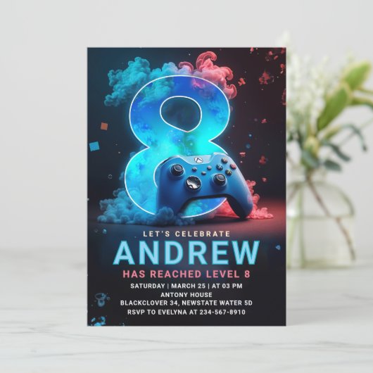 Videogame 8e verjaardagsfeest kaart (Staand voorkant)