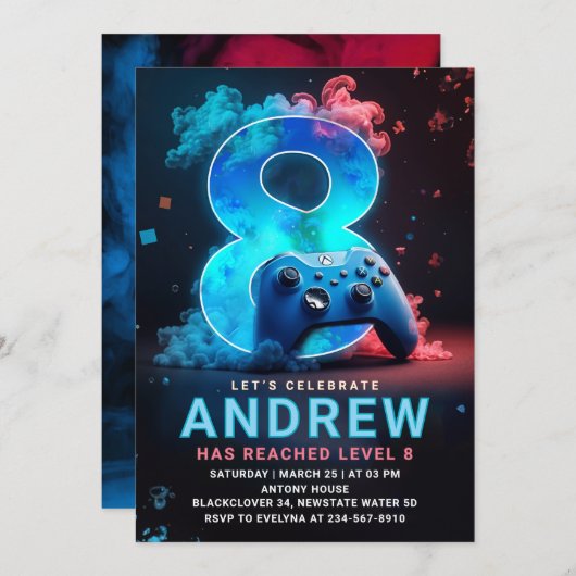 Videogame 8e verjaardagsfeest kaart (Voorkant / Achterkant)