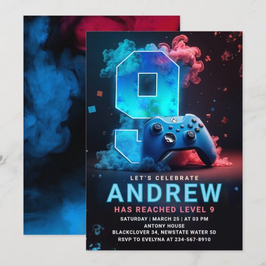Videogame 9e verjaardagsfeest kaart (Voorkant / Achterkant)