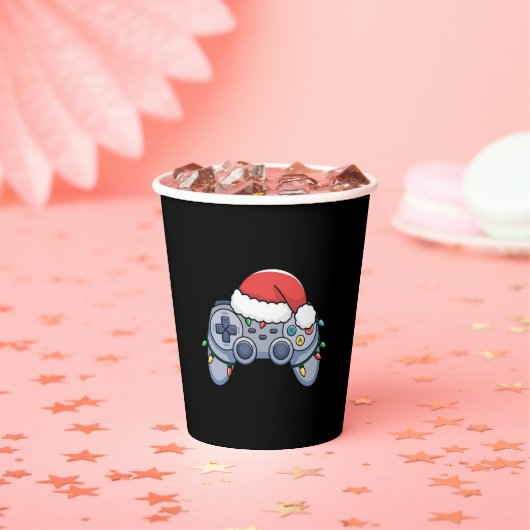 Videogame Controller Kerstman Kerstmuts Gamer Papieren Bekers (Insitu)
