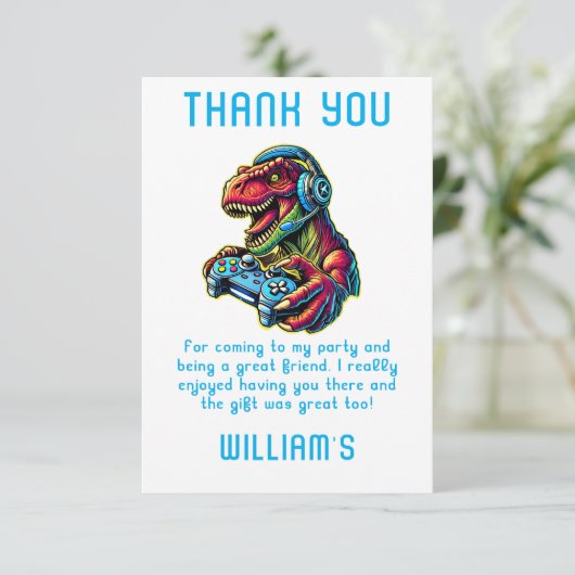 Videogame Dinosaur Gaming Verjaardagsfeest Bedankkaart (Staand voorkant)