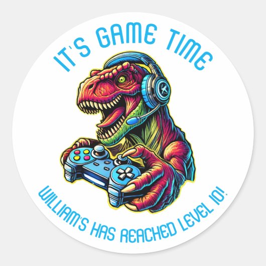 Videogame Dinosaur Gaming Verjaardagsfeest Ronde Sticker (Voorkant)