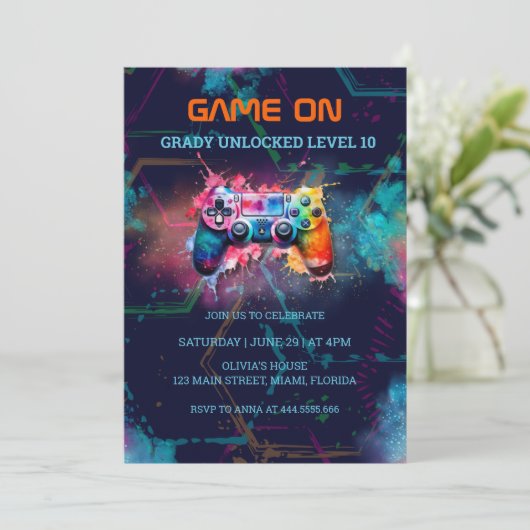 Videogame Neon Game On Level Up Kaart (Staand voorkant)