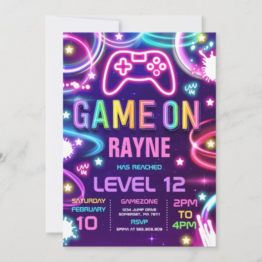 Videogame Neon Game On Level Up Kaart (Voorkant)