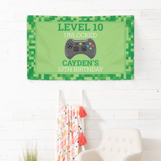 Videogame op Verjaardagsfeestje Groene Pixel Spandoek (Insitu)