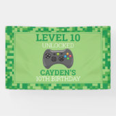 Videogame op Verjaardagsfeestje Groene Pixel Spandoek (Horizontaal)