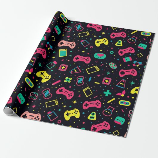 Videogamecontrollers en speelgoedpatroon cadeaupapier (Uitgerold)