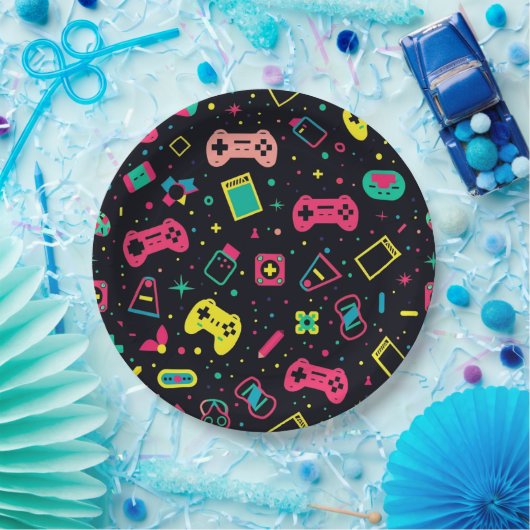 Videogamecontrollers en speelgoedpatroon papieren bordje (Feest)